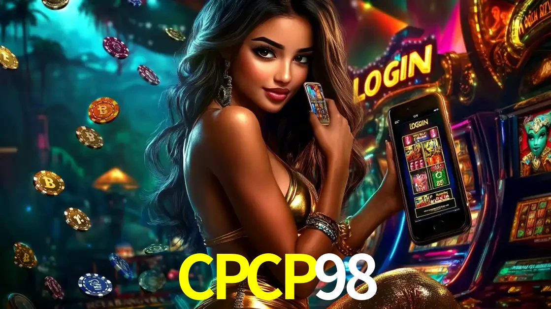 Mulher em um cenário de cassino temático de aventura, mostrando o app de caça-níqueis da CPCP98 no celular. Fichas de apostas flutuam ao redor.