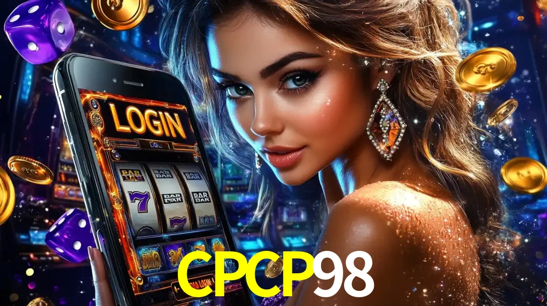 Mulher glamorosa segurando um smartphone com a tela de login para os jogos de caça-níqueis do cassino online CPCP98, com moedas de ouro e dados ao redor.
