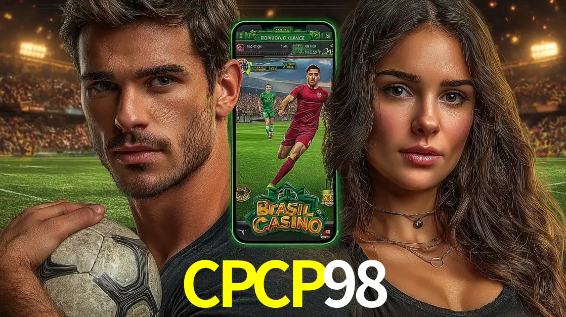 Homem segurando uma bola de futebol e uma mulher ao lado de um smartphone exibindo o jogo de apostas esportivas da CPCP98. Faça seu palpite no cassino online.